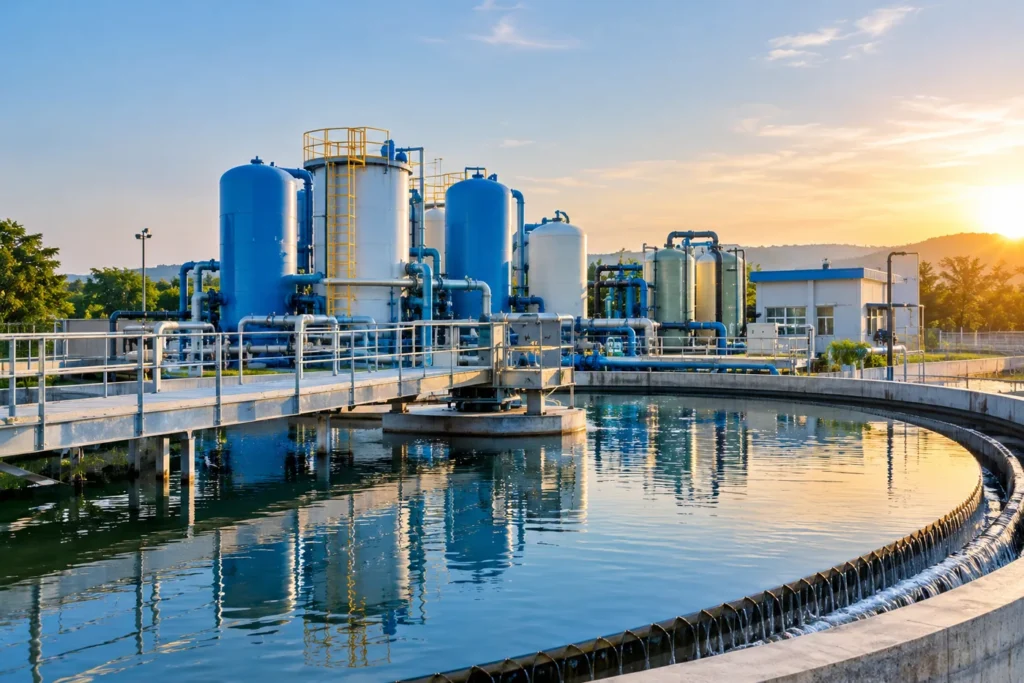 Modern water and wastewater treatment plant with industrial filtration tanks, pipelines, and a large water clarifier under natural sunlight.